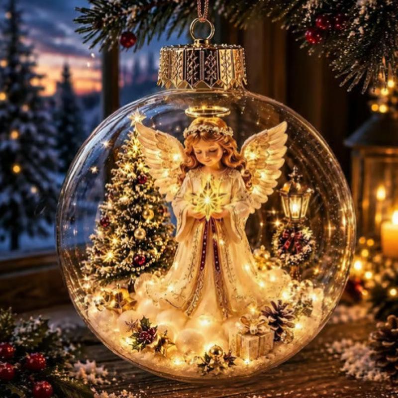 Pallina di Natale in Materiale Acrilico D9 con Design Trasparente e Pendente di Babbo Natale con Luce, Dimensione 8CM, Decorazione Natalizia da Appendere