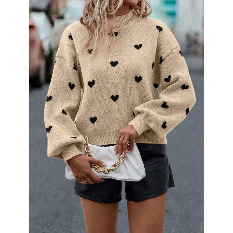 Pullover Women Loose Jumper Long Lantern Sleeve Knitwear Female Autumn Embroidery Heart Women Sweater