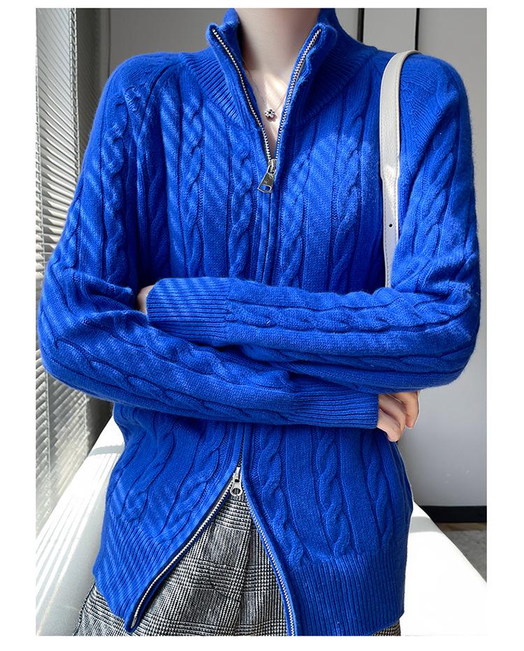 Women's Wool Zipper Knit Cardigan Sweater with Lapel