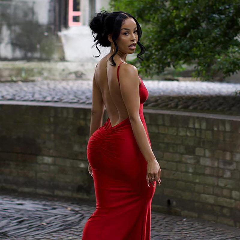 Women's Red Deep V Backless Halter Fishtail Dresses