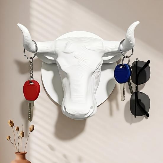 Unique Gift for Men Bull Head Hat Rack, Lightweight Wall-Mount Key Holder, Decorative Coat Heavy Duty PLA Wall Mount Hook, Retro Animal Hanger