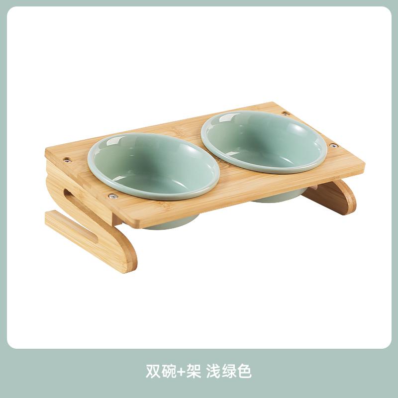 Tilted Ceramic Pet Bowl Bamboo Wood Stand Neck Protection Anti Spill Food Water Dish for Corgi Small Dogs Cats