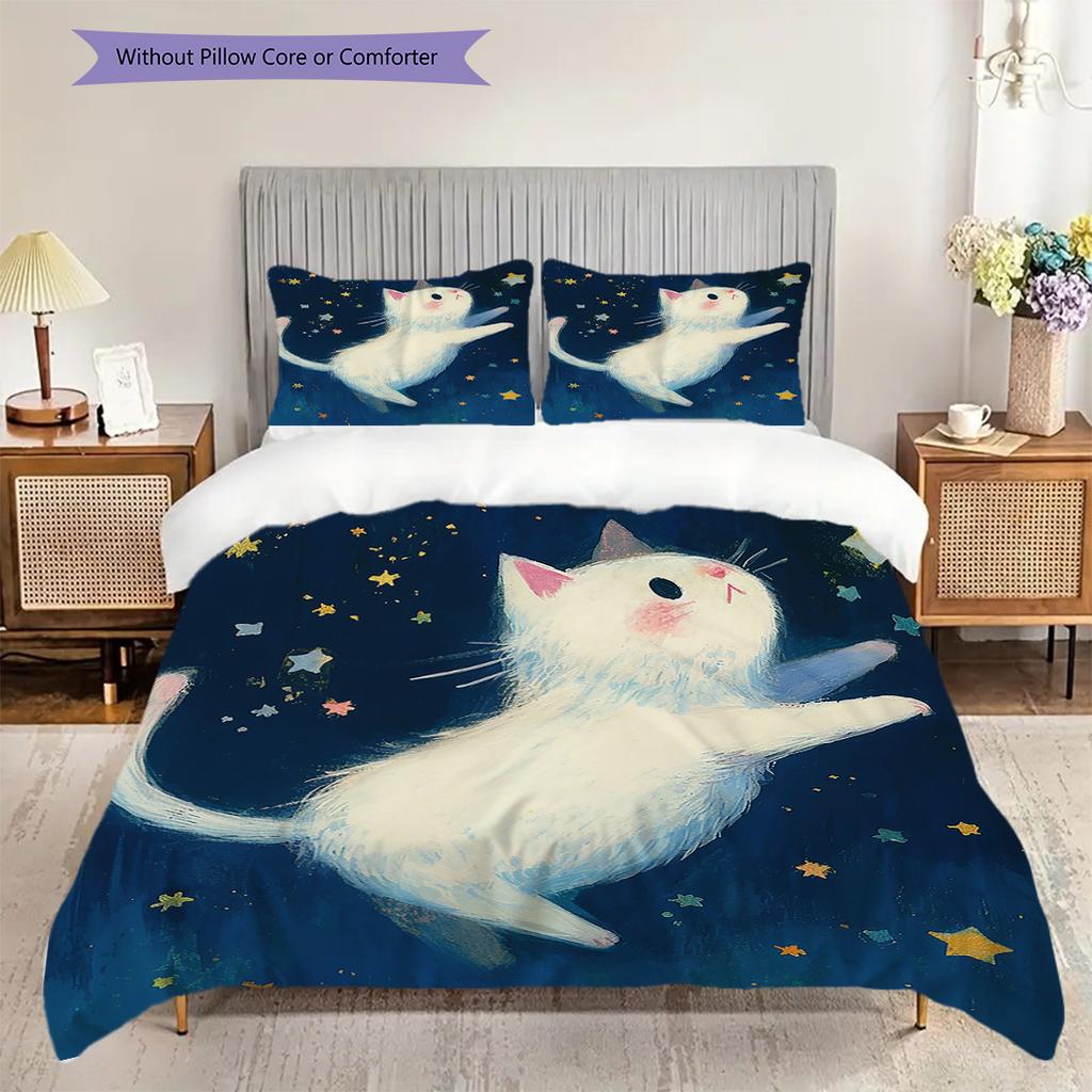 White Cat Pattern Bedding Quilt Set Quilt Cover Pillowcase Home Decoration Birthday Gift (1 * Duvet Cover + 2 * Pillowcase, Without Core)