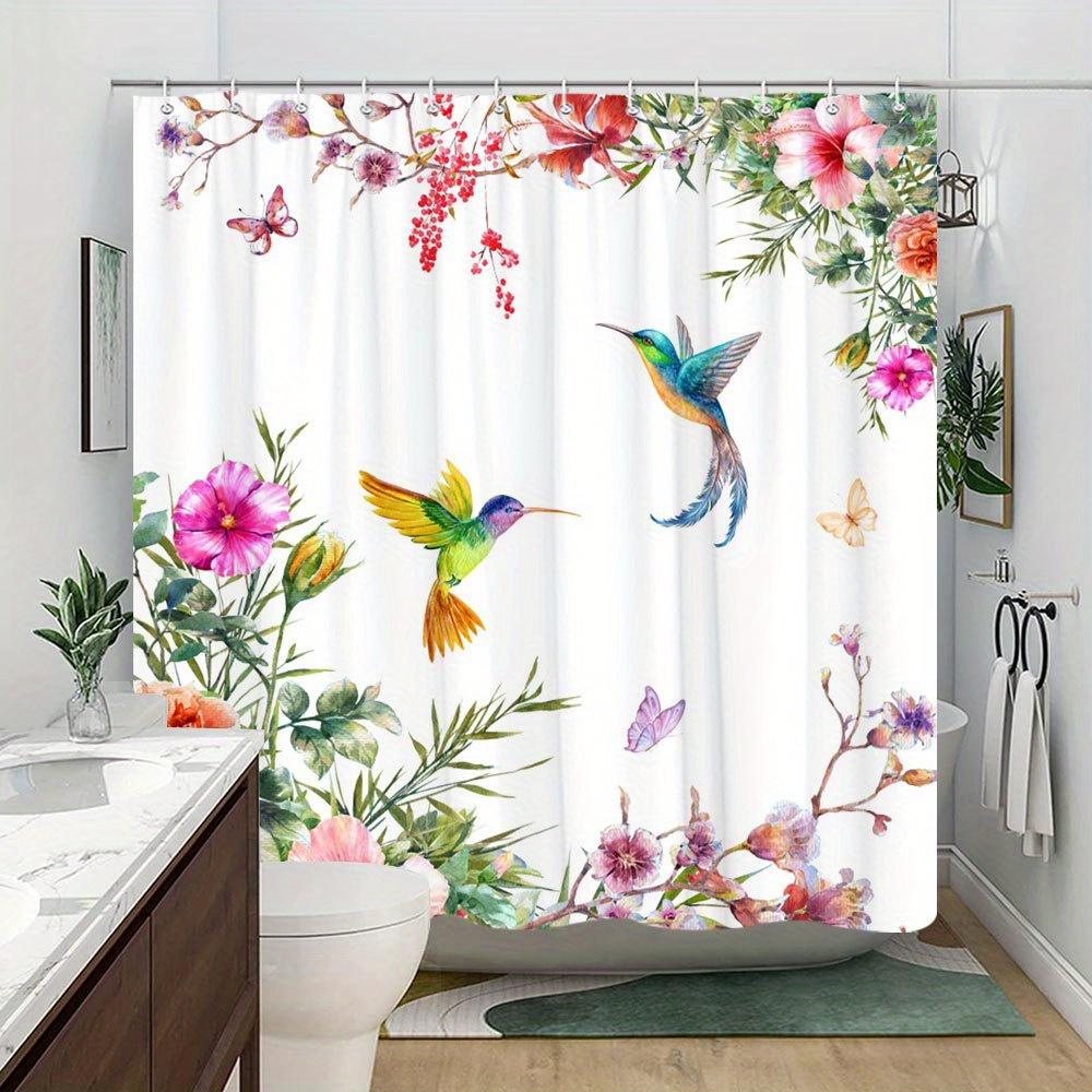 1pc Shower Curtain Featuring Colorful Hummingbirds and Hibiscus Flowers in a Serene Nature-Inspired Watercolor Design