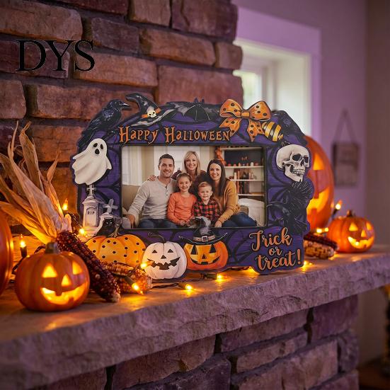 Halloween Picture Frame Wooden Photo Frame, Pumpkin Ghost Cat Cutout Holiday Portrait Holder, Double-sided Tabletop Decor for Home Party Indoor Table
