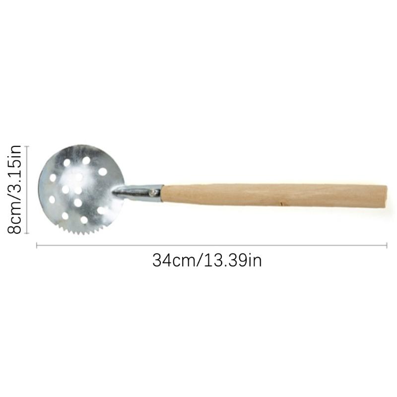 Metal Ice Hole Scoops for Winter Fishing with a Bowl-Shaped Perforated Head, Wood Handle, and Connector for Clearing Loose Ice and Debris