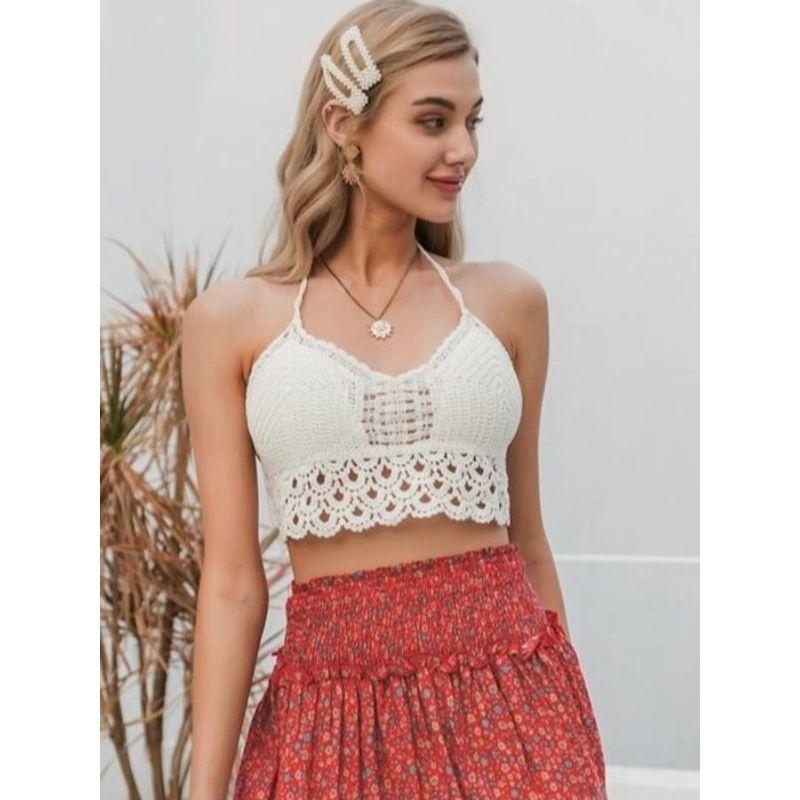 Sexy Summer New Arrival Fashion Fashion V Neck Crochet Hollow Camisole Knitting Cup Halterneck Tied Top
