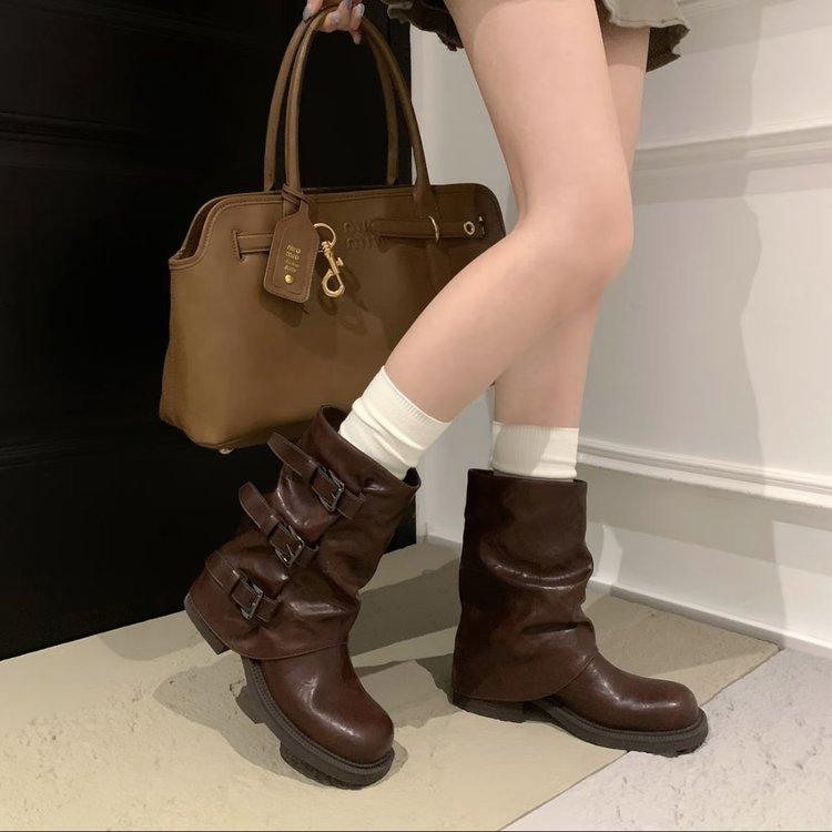 

[youshilai] Retro thick-soled trouser boots 2025 autumn new boots pleated pile boots women 35