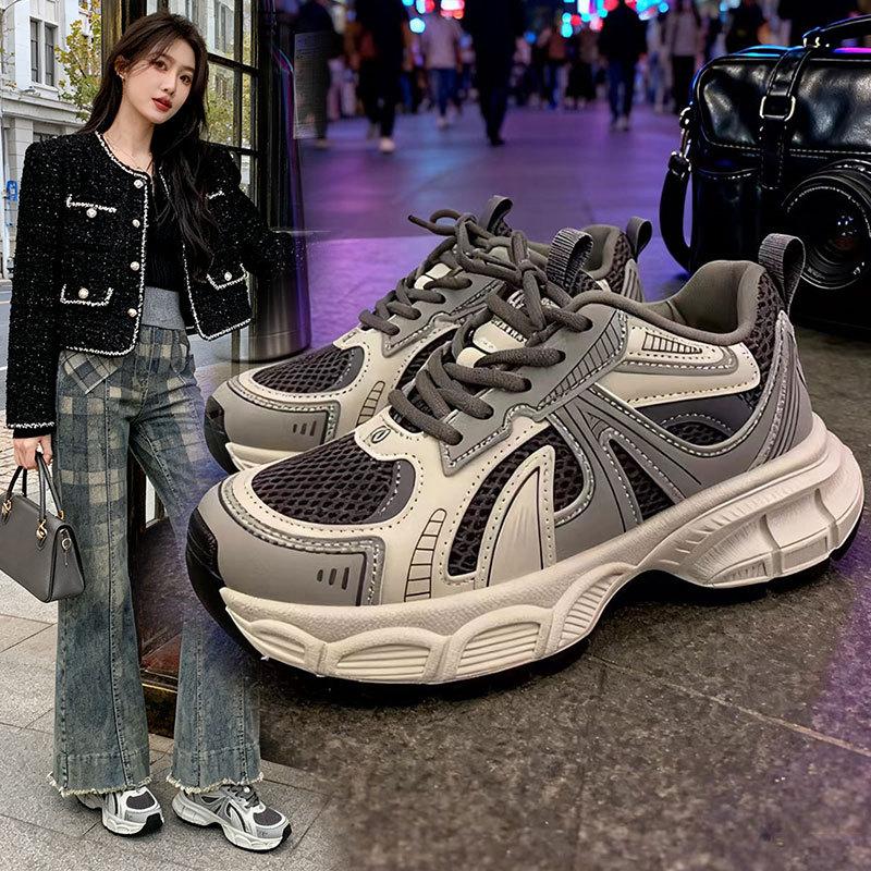 Thick-soled Gray Dad Shoes Women's 2025 New Spring and Autumn Mesh Breathable Casual Sports Shoes Versatile Inner Height-increasing Women's Shoes