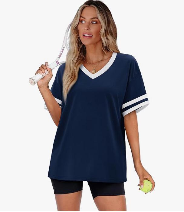 2026 Women's V-Neck Striped Color Block Loose Casual Sports Top