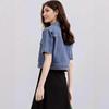 Women's Polo Collar Short Sleeve Cropped Denim Jacket Oversized Vintage Dark Blue Coat Elegant Street Commuter Outerwear