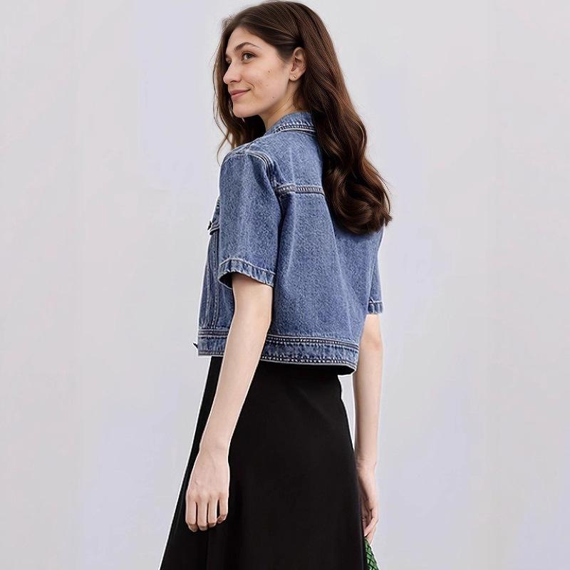 Women's Polo Collar Short Sleeve Cropped Denim Jacket Oversized Vintage Dark Blue Coat Elegant Street Commuter Outerwear