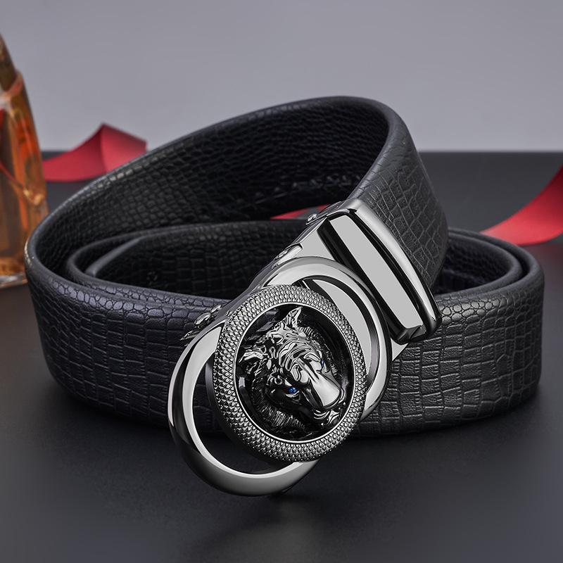 Men's Genuine Leather Belt with Lion Head Automatic Alloy Buckle