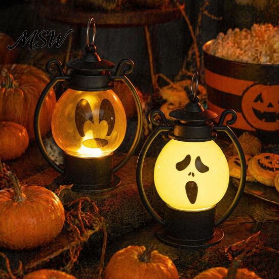 Funny Ghostly Face Halloween Ghost Night Light, Portable Retro LED Lamp with Hanging Light Ring, Battery Operated Vintage Horse Lantern for