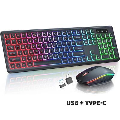 Colors Backlit Wireless Keyboard and Mouse Set Rechargeable USB+Type-c Full-Size Ergonomic Keyboard and Mouse Combos