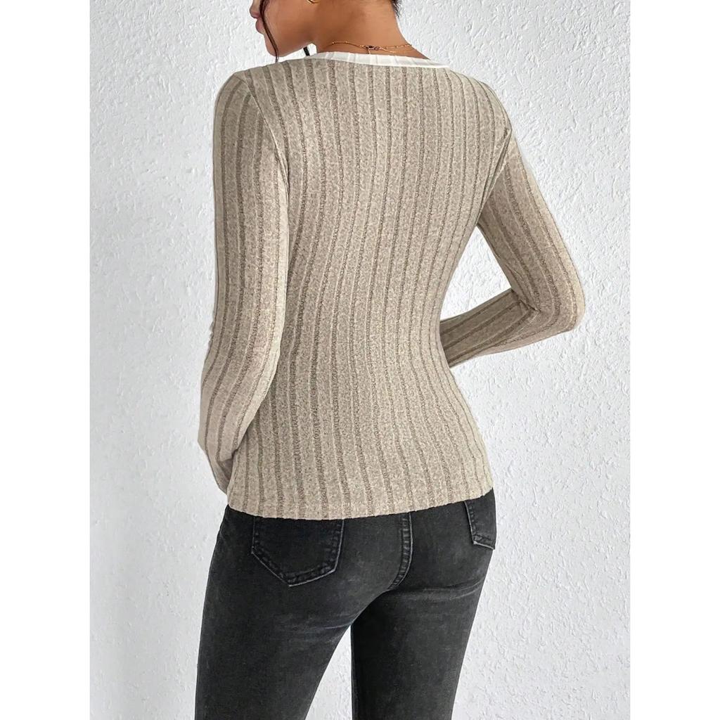 Women's Slim Sexy Knit Long Sleeve Top Women's V-Neck Neck Edge Clash Top New Autumn and Winter Women's Casual Pullover