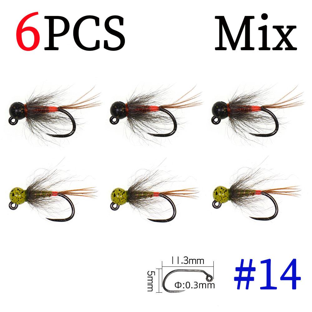 6PCS Jig Tungsten Bead Head Nymph Euro Nymph Fast Sinking Barbless Hook Fly Fishing For Trout Grayling Panfish Insect Baits Lure
