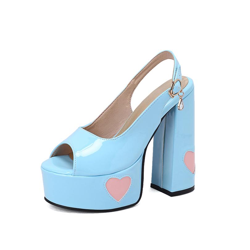 Heart-Shaped Pattern Glossy Lacquer Leather Material Peep Toe Shoes Back Strap Rhinestone Buckle High Platform Women's Sandals