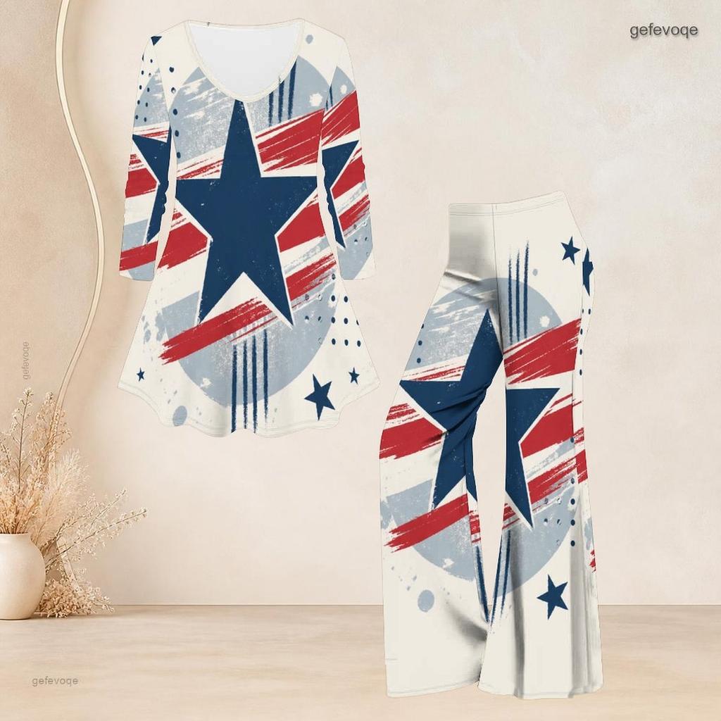 Women Plus Size Round Neck Three Quarter Sleeve Eagle Printed Flared Top Flared Pants Two Piece Set