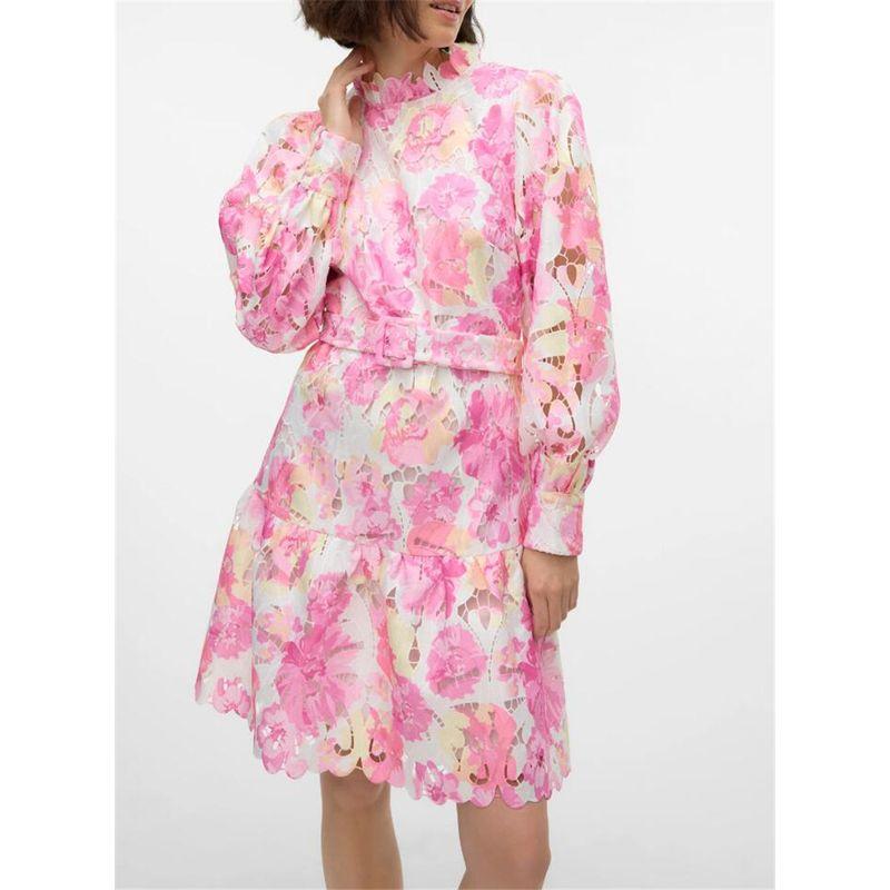 

Foreign Trade Surplus Order Tail Goods European Single Design Fan Spring and Autumn Hollow Petals Floral Women s Belt Dress Long sleeve Pink (no belt) M