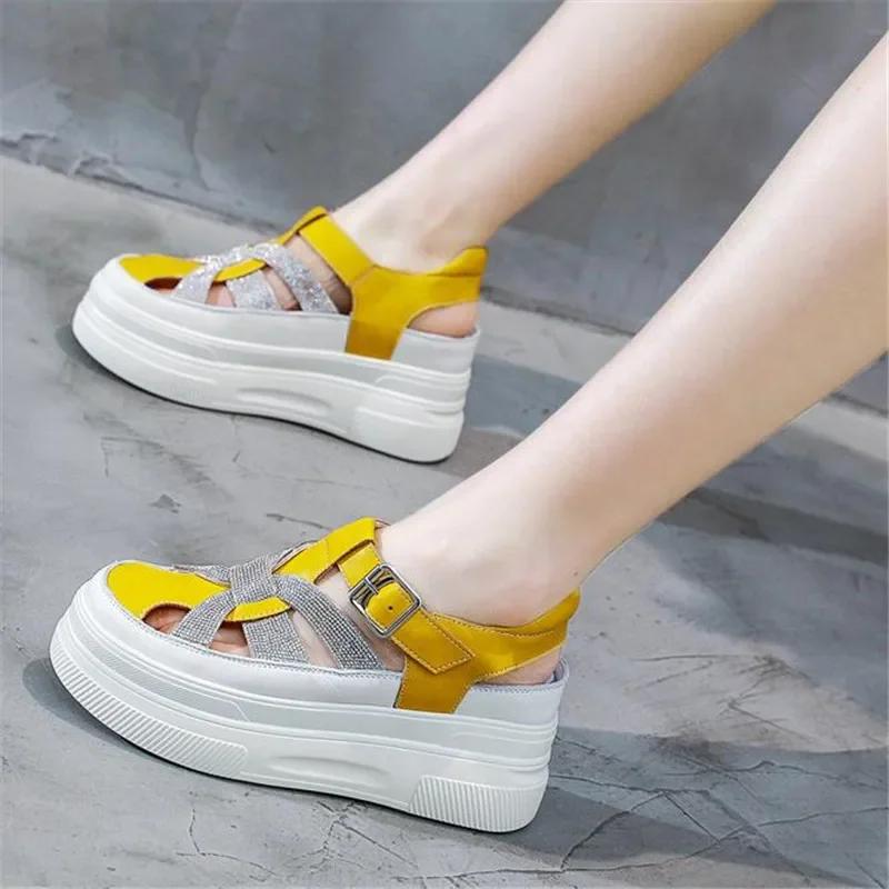 Fashion 8cm Genuine Leather Women Platform Sandals Wedge Slippers Buckle Strap High Heel Women Summer Shoes Sneakers Zapatos Mujer