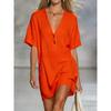 Summer Women's Loose V-Neck Short Sleeve Button Cotton Linen Dress, Casual European American Style Fashion Dress