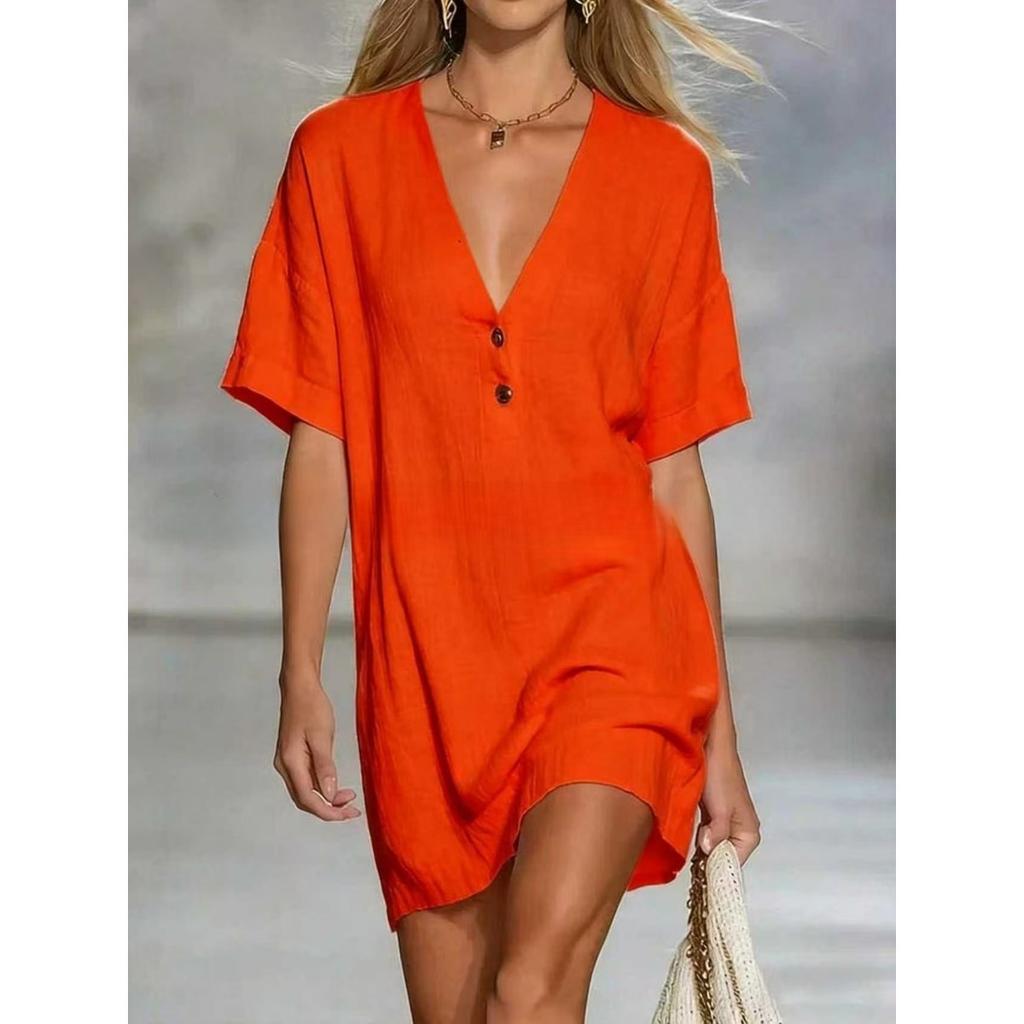 Summer Women's Loose V-Neck Short Sleeve Button Cotton Linen Dress, Casual European American Style Fashion Dress