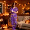 Women's Halloween Print Scrub Set, V Neck Short Sleeve with Pockets and Pants, 2 Piece Uniform