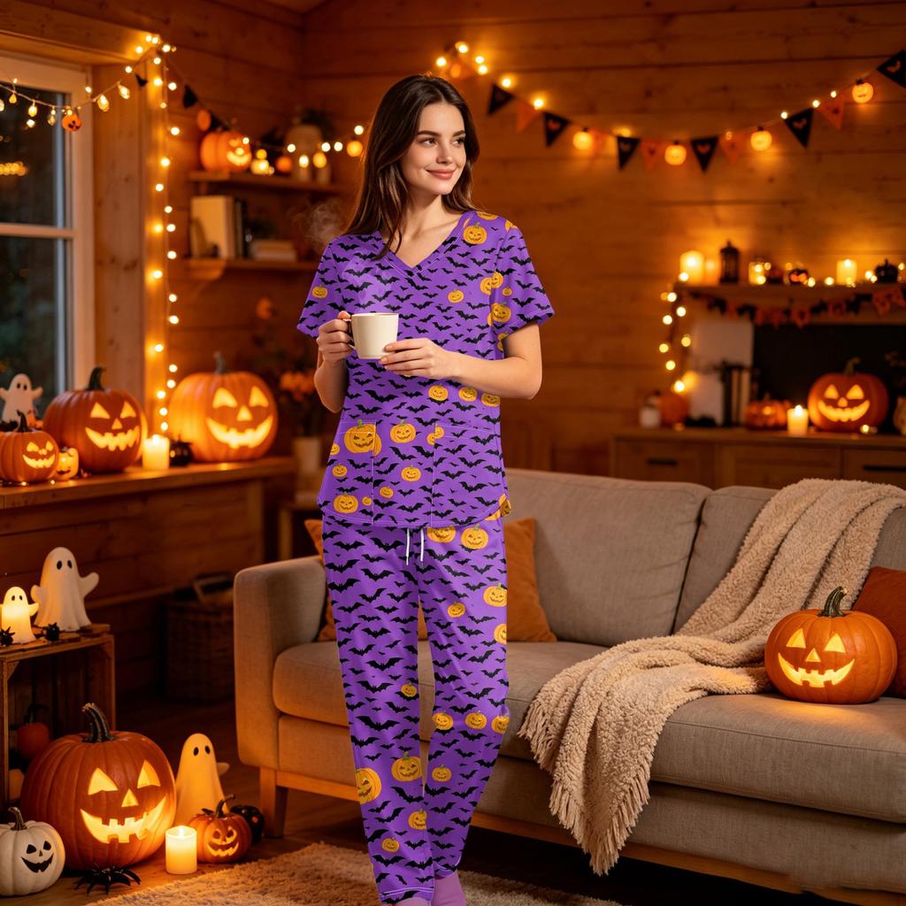 Women's Halloween Print Scrub Set, V Neck Short Sleeve with Pockets and Pants, 2 Piece Uniform