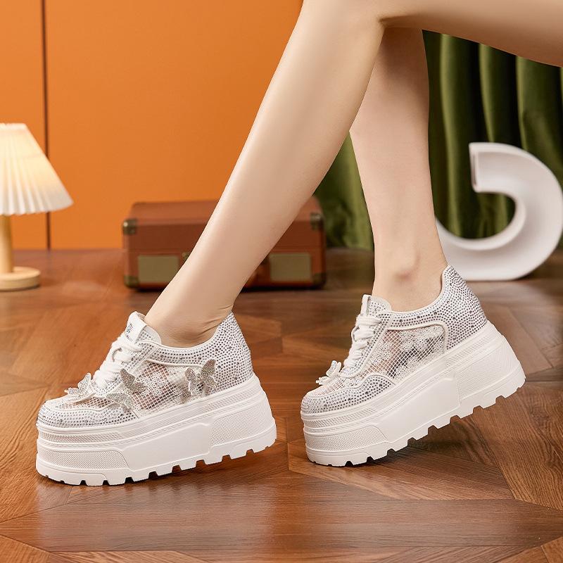 Platform White Shoes Women's 2025 Spring and Summer New Inner Height Increase Women's Shoes Hollow Breathable Mesh Sandals Versatile Casual Shoes