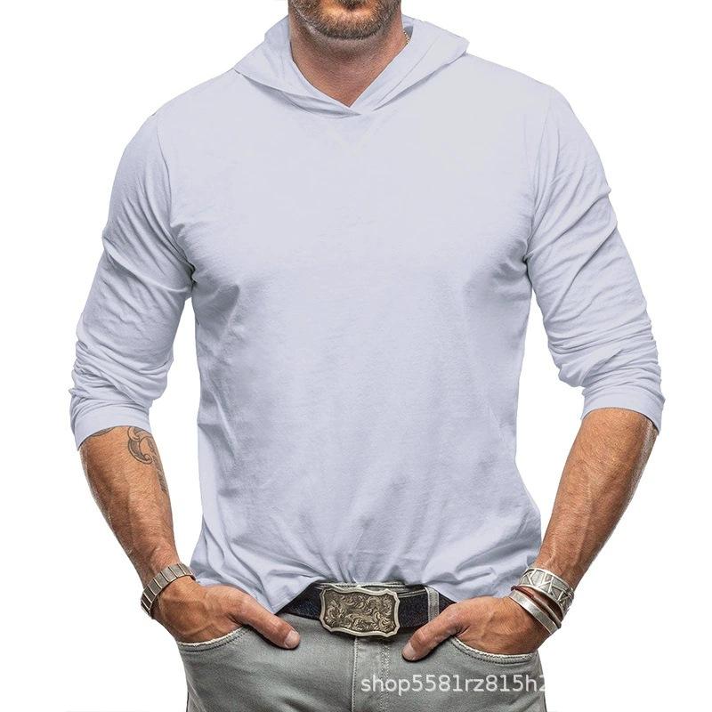 Men's Autumn Winter Solid Color Long Sleeve T-Shirt Pure Cotton Hooded Base Shirt Outdoor Top Basic Style