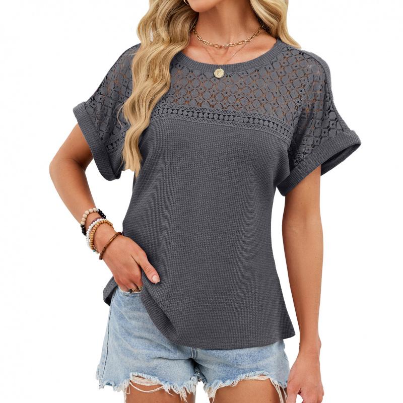 2026 Spring/Summer New Round Neck Lace Trim Loose Short Sleeve T-Shirt for Women