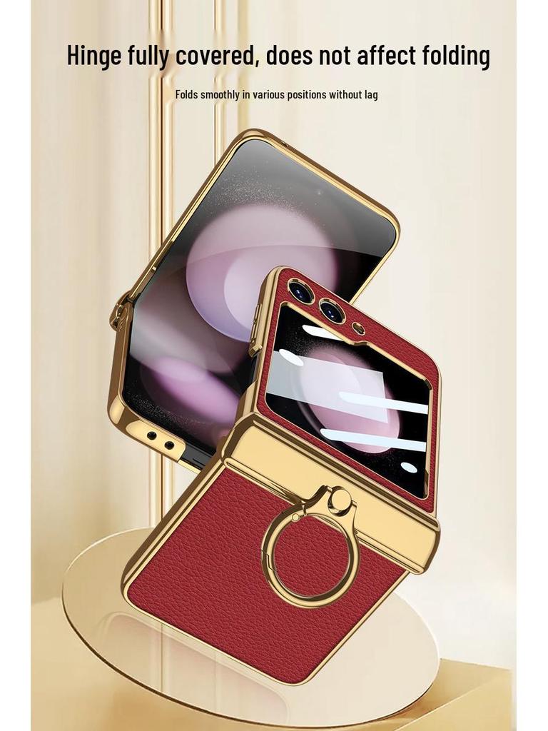 ZFlip5 Magnetic Hinge Leather Ring Case - Foldable Screen, Creative & Simple Design