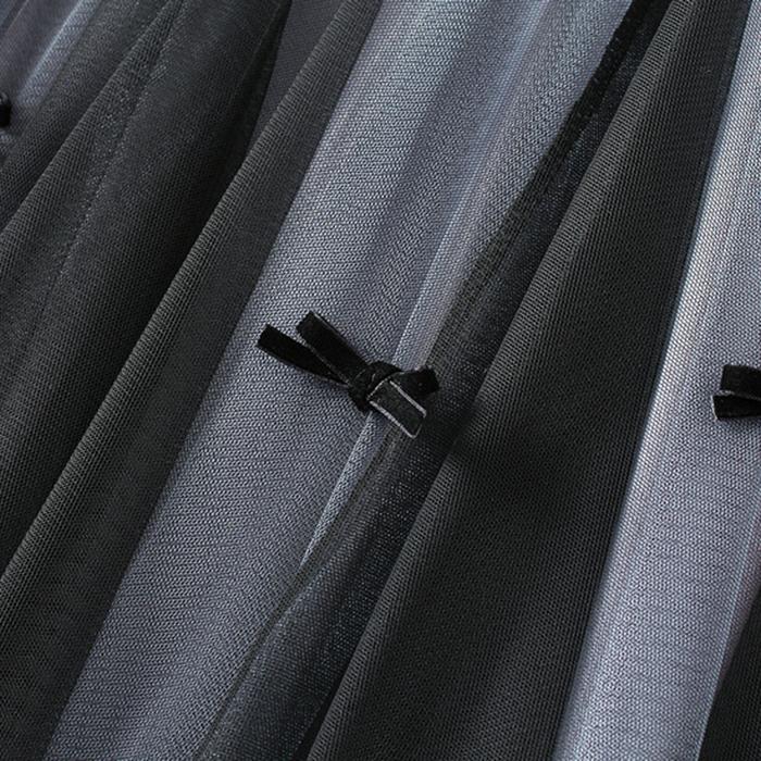 Women Spring Fall High Waist All Match Color Block Mesh A Line Skirt with Bowknot