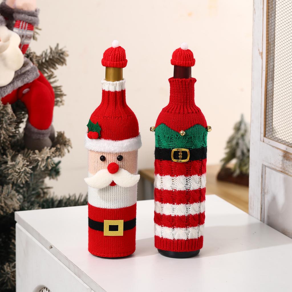 Christmas decorations red wine champagne set cartoon knitted wine bottle set hotel restaurant atmosphere scene layout