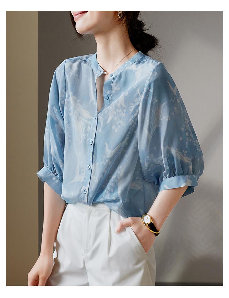 100% mulberry silk printed round neck shirt for women in 2026 summer, loose and casual, versatile silk top