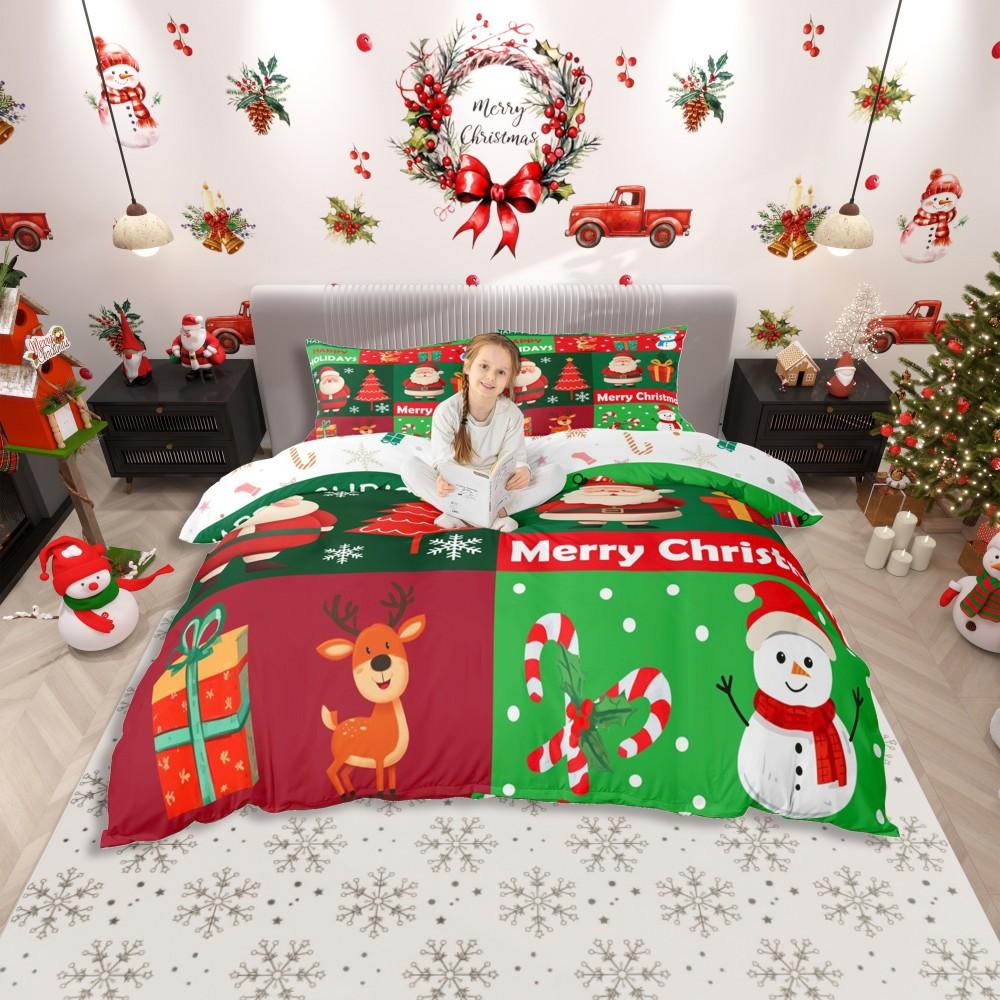 Set Husă Plapumă Drăguț Moș Crăciun Homewish pentru Adolescent, Set de Lenjerie de Pat Crăciun Om de Zăpadă Ren, Set de Pat Roz Carouri Patchwork