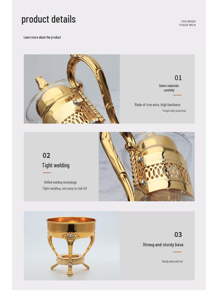 Southeast Asian Retro Metal Coffee Pot Set - 3 Pieces with Mirror Electroplating and Heat-Resistant Glass