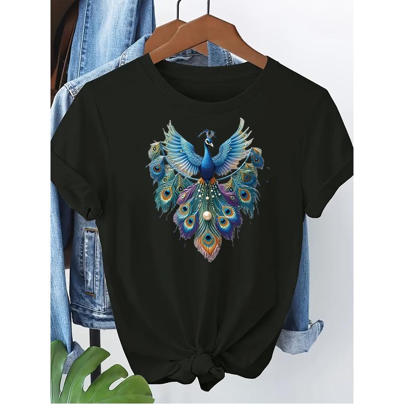 European Size Ladies' Casual Peacock Print T-Shirt | , Short Sleeve, Crew Neck, Machine Washable, Spring/Summer 2026 New Arrival