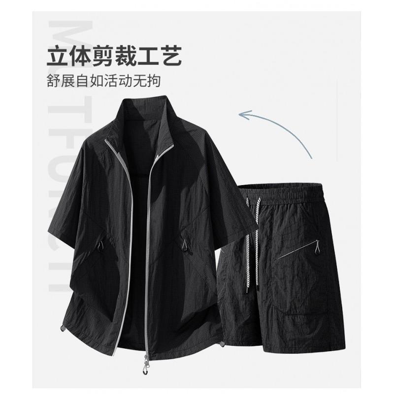 Mens Quick-Dry Sport Set With Stand Collar Zipper Top Breathable Shorts Lightweight Athletic Wear