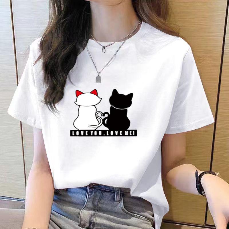 Volný ležérní top s potiskem, krátký rukáv, kulatý výstřih, tričko pro ženy, módní, s kresleným potiskem