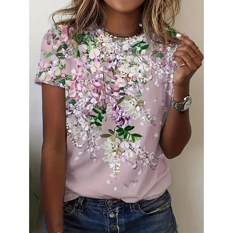 Fashionable and creative new flower print women's round neck short-sleeved T-shirt tops