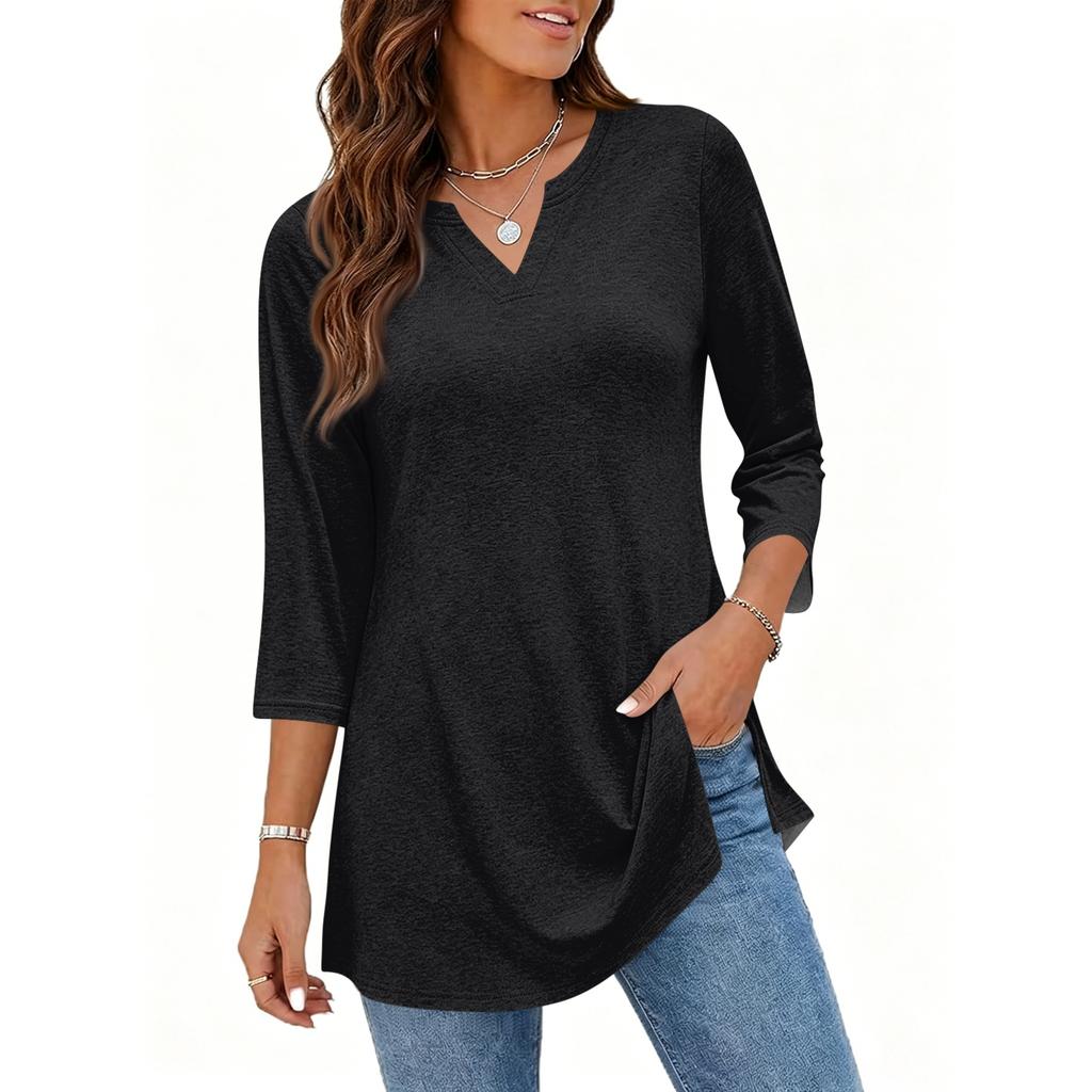 Women's Casual V Neck 3/4 Sleeve Pullover Tunic Top Mid Length Solid Color Comfortable Fit Lightweight Fabric