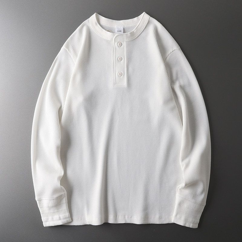 American Style Retro Heavy-Weight Waffle Pattern Long Sleeves Henley Shirt