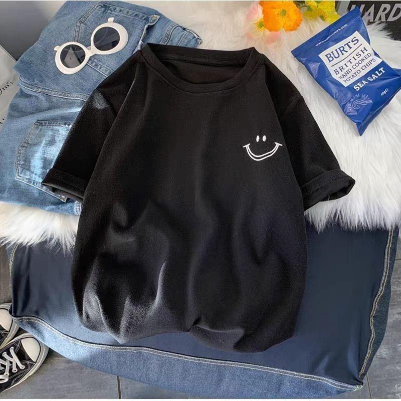 Smiling Face Print White T-shirt Summer 2025 New 100% Cotton Short Sleeve Tee Loose Casual Y2k Top Clothing
