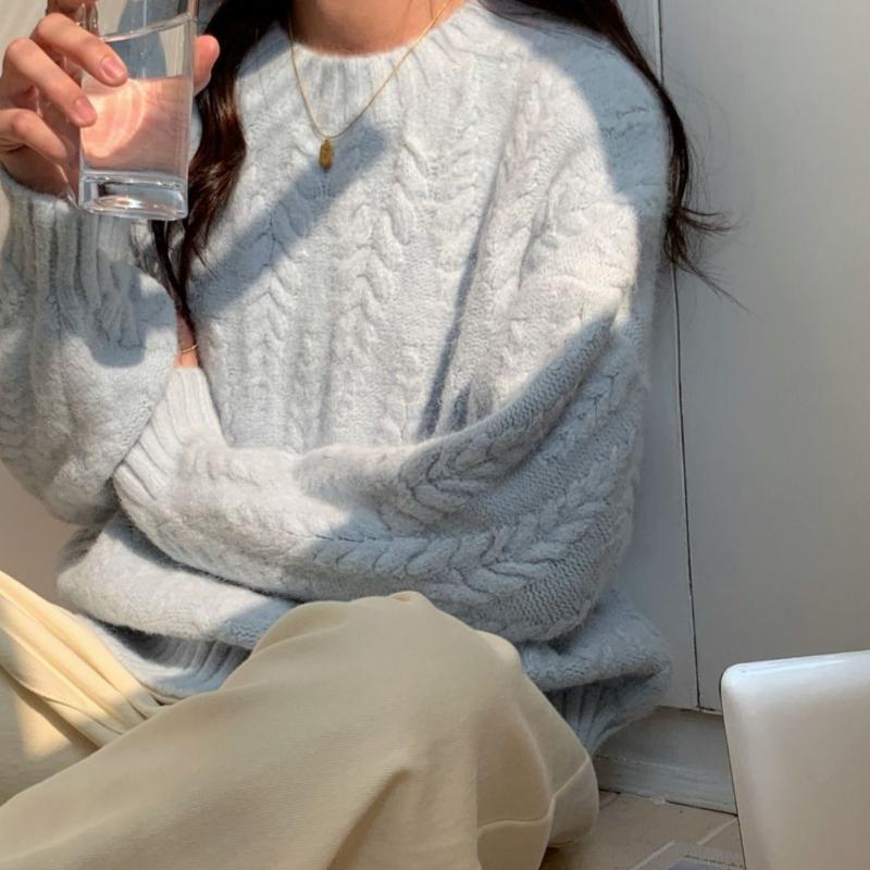 Sweter damski w jednolitym kolorze z warkoczowym splotem, imitującym kłosy pszenicy, jesienno-zimowy, luźny, wierzchni, w stylu lazy, ciepły, dzianinowy top, pogrubiony