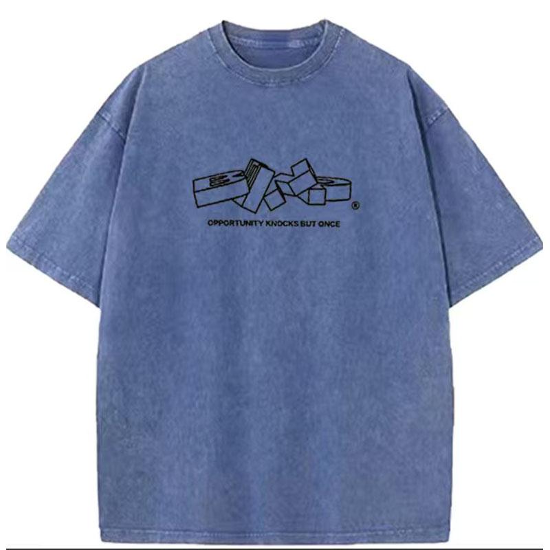 Summer Unisexs Vintage Washed  Cotton Cube Pattern Casual Unisexs Clothing TShirt Unisexs Style