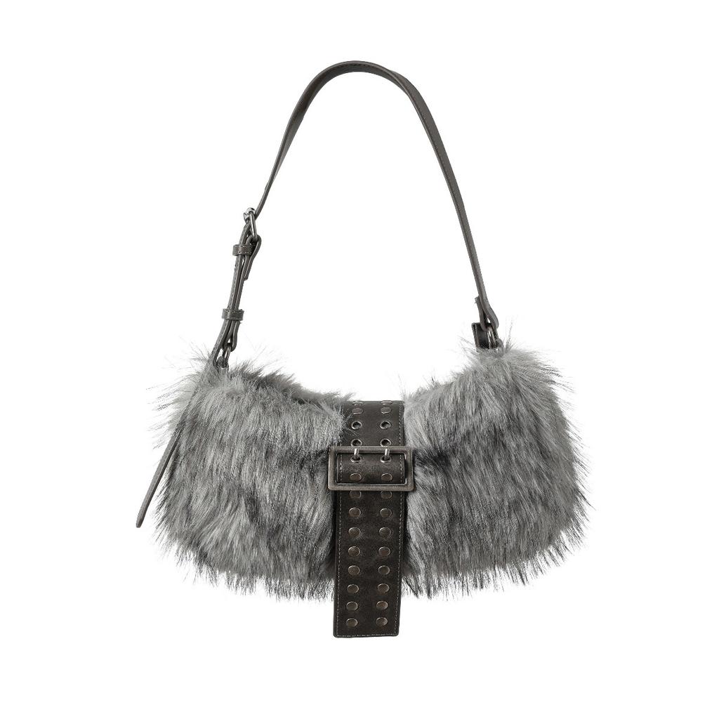Winter Fluffy Plush Shoulder Bag Punk Studded Underarm Bags for Women Designer Handbags Rivet Faux Fur Bags  Women's Bag Chic