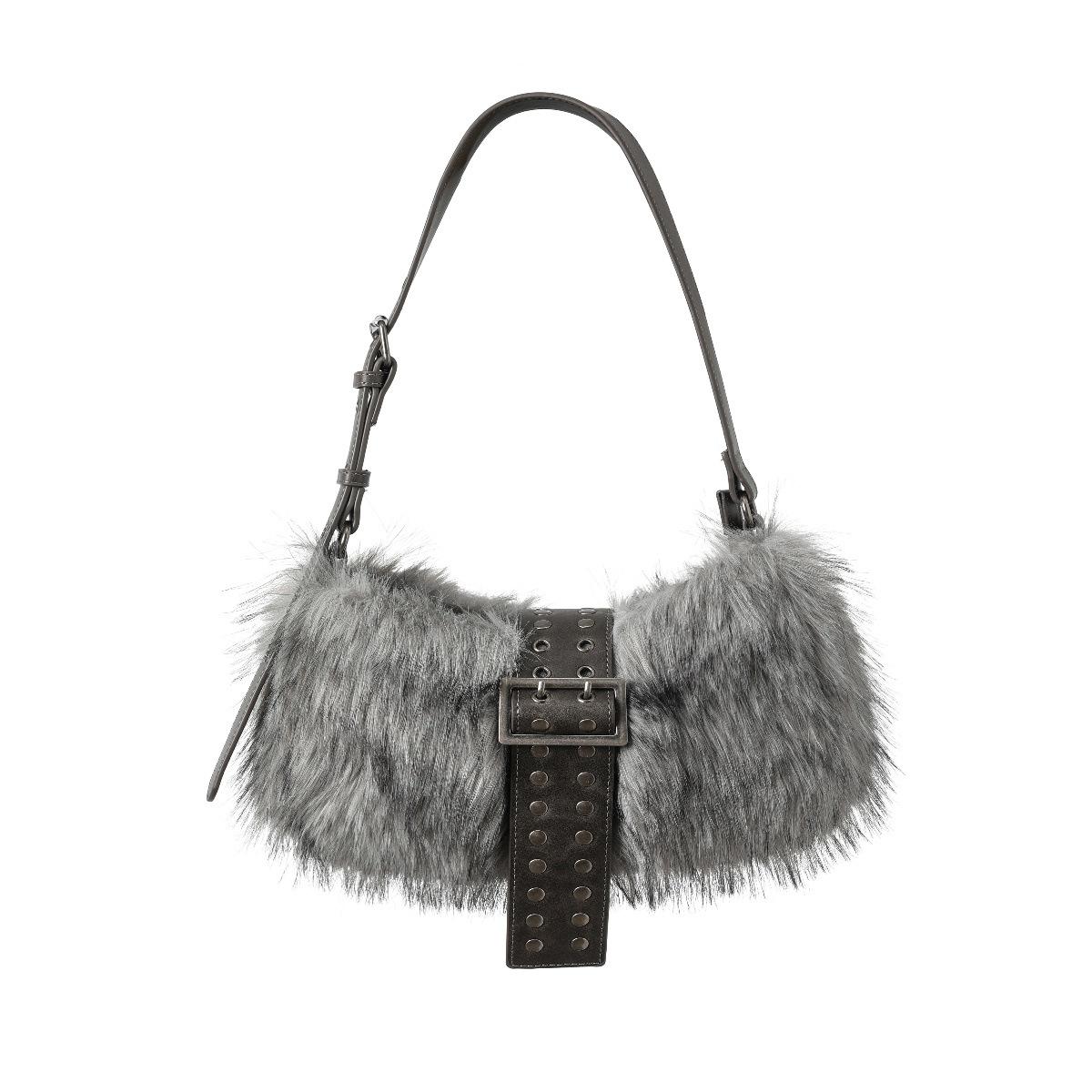 Winter Fluffy Plush Shoulder Bag Punk Studded Underarm Bags for Women Designer Handbags Rivet Faux Fur Bags Women s Bag Chic