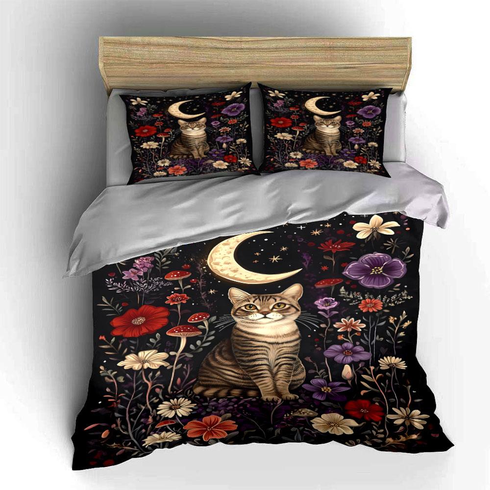 Cat, crescent moon, flowers. Bedding sets Duvet cover sets Duvet covers Pillowcases(1 * Duvet Cover 2 * Pillowcases without duvet insert)